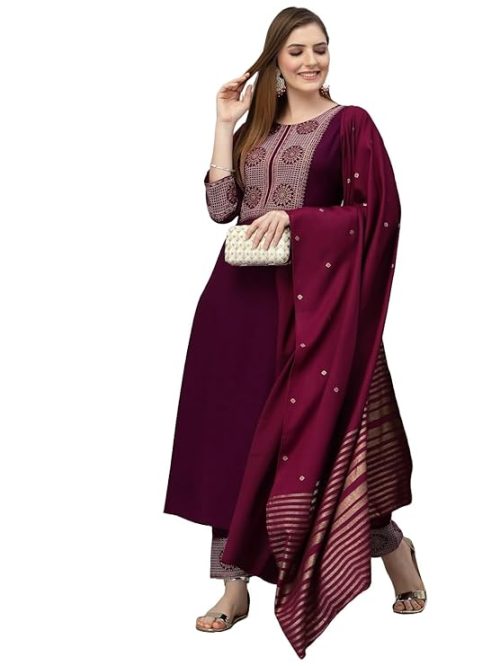 KLOSKA Women Viscose Embroidered kurta and pant set with dupatta
